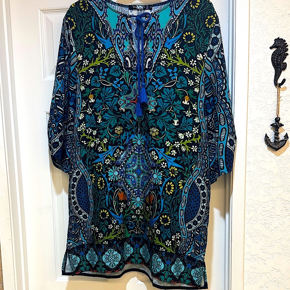 Bohemian Blue Floral Tunic Top/Cover Up, Size XL